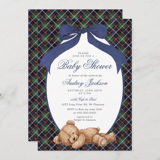 Preppy Classic Polo Bear Navy Plaid Baby Shower Kaart (Voorkant / Achterkant)