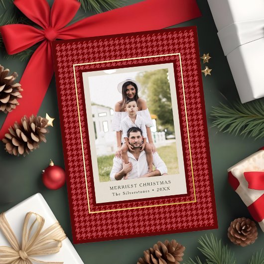 Preppy Classic Red Houndstooth Kerstfoto Folie Feestdagenkaart