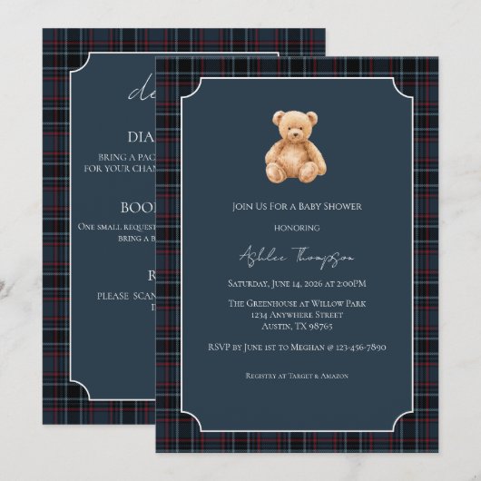Preppy Classic Teddy Bear Baby Shower Kaart (Voorkant / Achterkant)