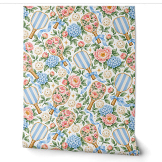 Preppy Coastal Chic Pickleball Blauw & Blush Roze Behang