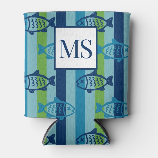 Preppy Coastal Fish Green Blue Stripe Blikjeskoeler (Voorkant)