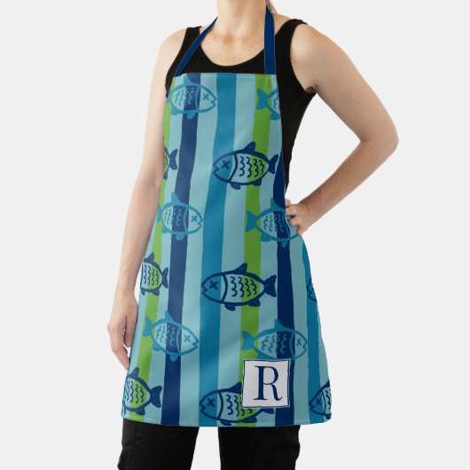 Preppy Coastal Fish Green Blue Stripe Schort (Insitu)