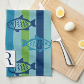 Preppy Coastal Fish Green Blue Stripe Theedoek (Quarter Fold)