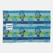 Preppy Coastal Fish Green Blue Stripe Theedoek (Horizontaal)