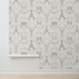 Preppy Coastal Lobsters and Crabs in Sandy Beige Behang