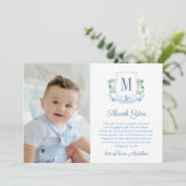Preppy Coastal Monogram Baby Jongen Doopfoto Bedankkaart (Staand voorkant)