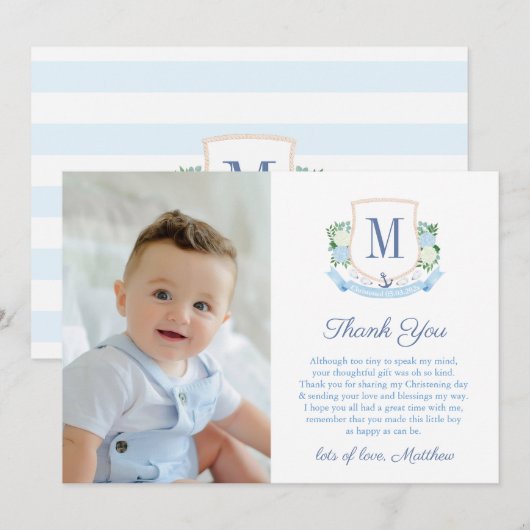 Preppy Coastal Monogram Baby Jongen Doopfoto Bedankkaart (Voorkant / Achterkant)