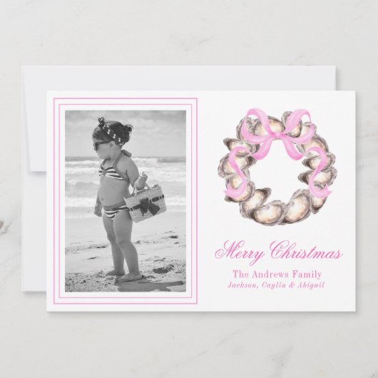 Preppy Coastal Oyster Bow Krans Foto Vakantie Feestdagenkaart (Voorkant)