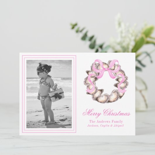 Preppy Coastal Oyster Bow Krans Foto Vakantie Feestdagenkaart (Staand voorkant)