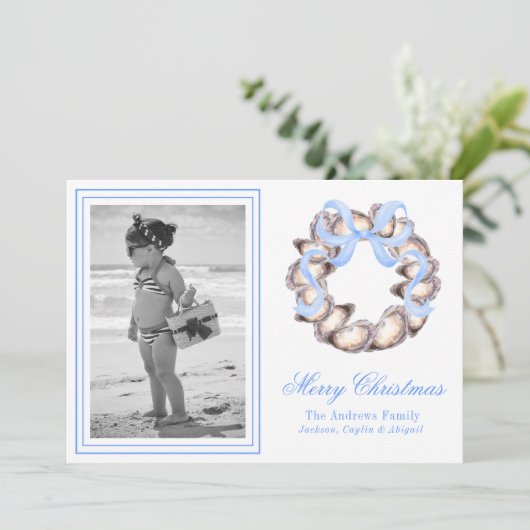 Preppy Coastal Oyster Bow Krans Foto Vakantie Feestdagenkaart (Staand voorkant)