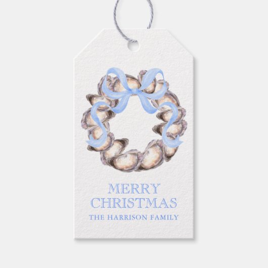 Preppy Coastal Oyster Bow Krans Kerstmis Cadeaulabel (Voorkant)