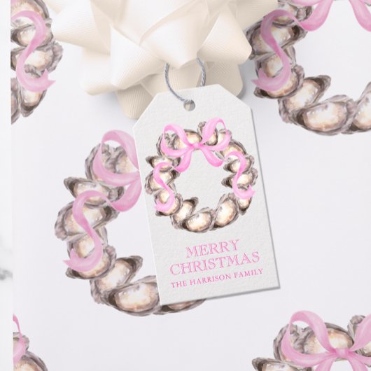 Preppy Coastal Oyster Bow Krans Kerstmis Cadeaulabel