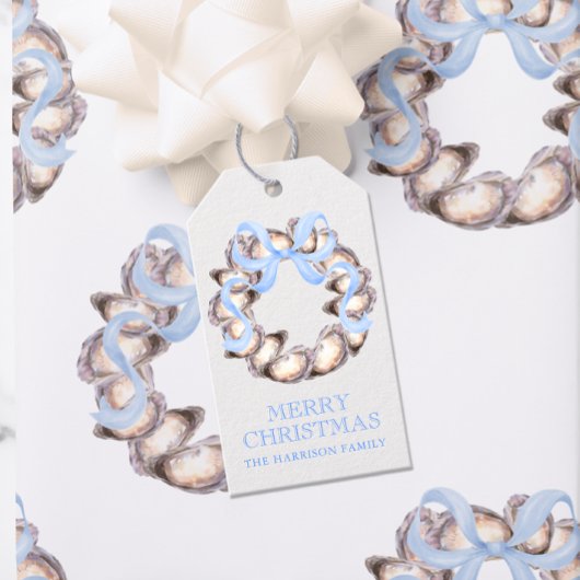 Preppy Coastal Oyster Bow Krans Kerstmis Cadeaulabel