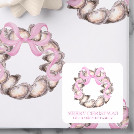 Preppy Coastal Oyster Bow Krans Kerstmis Vierkante Sticker
