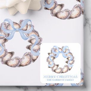 Preppy Coastal Oyster Bow Krans Kerstmis Vierkante Sticker