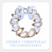 Preppy Coastal Oyster Bow Krans Kerstmis Vierkante Sticker (Voorkant)