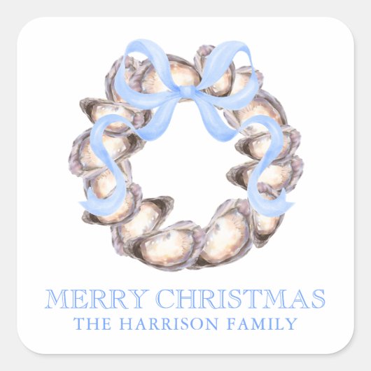Preppy Coastal Oyster Bow Krans Kerstmis Vierkante Sticker (Voorkant)