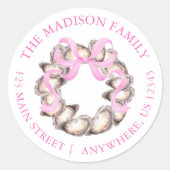 Preppy Coastal Oyster Bow Wreath Christmas Address Ronde Sticker (Voorkant)