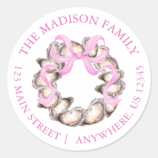 Preppy Coastal Oyster Bow Wreath Christmas Address Ronde Sticker (Voorkant)