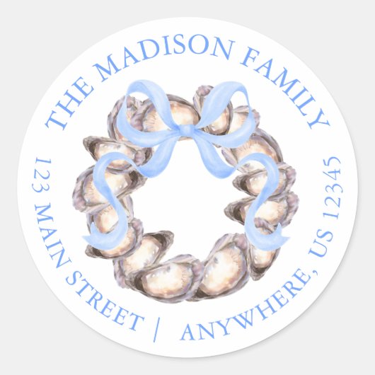 Preppy Coastal Oyster Bow Wreath Christmas Address Ronde Sticker (Voorkant)