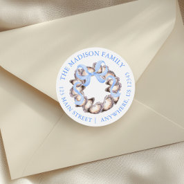 Preppy Coastal Oyster Bow Wreath Christmas Address Ronde Sticker