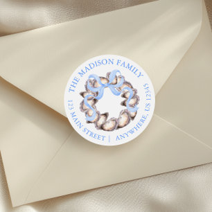 Preppy Coastal Oyster Bow Wreath Christmas Address Ronde Sticker