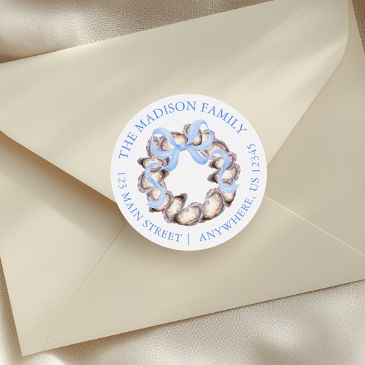 Preppy Coastal Oyster Bow Wreath Christmas Address Ronde Sticker