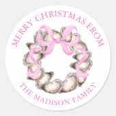 Preppy Coastal Oyster Bow Wreath Christmas Address Ronde Sticker (Voorkant)