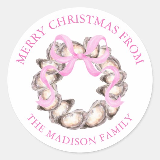 Preppy Coastal Oyster Bow Wreath Christmas Address Ronde Sticker (Voorkant)