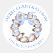 Preppy Coastal Oyster Bow Wreath Christmas Address Ronde Sticker (Voorkant)