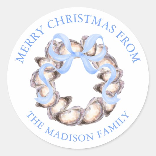 Preppy Coastal Oyster Bow Wreath Christmas Address Ronde Sticker (Voorkant)