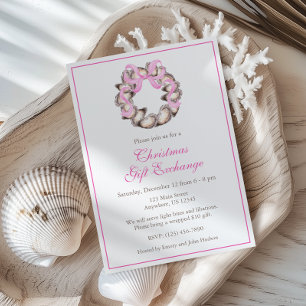 Preppy Coastal Oyster Bow Wreath Christmas Party Kaart