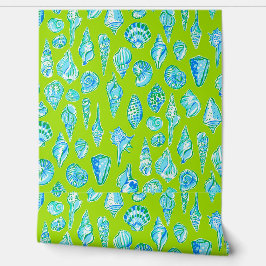 Preppy Coastal Sea Shells aan de Lime Green Seasid Behang