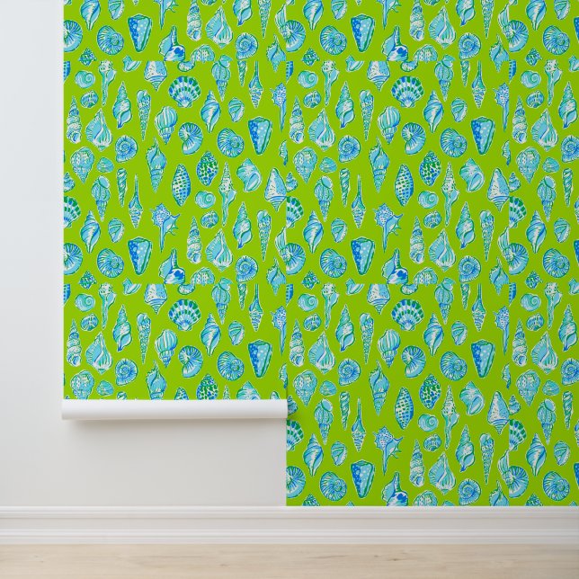 Preppy Coastal Sea Shells aan de Lime Green Seasid Behang (Applicatie)