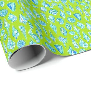 Preppy Coastal Sea Shells aan de Lime Green Seasid Cadeaupapier