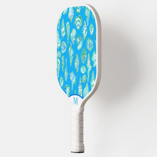 Preppy Coastal Sea Shells op Blue Seaside Monogram Pickleball Paddle (Links)