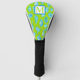 Preppy Coastal Sea Shells op Lime Green Monogram Golfheadcover