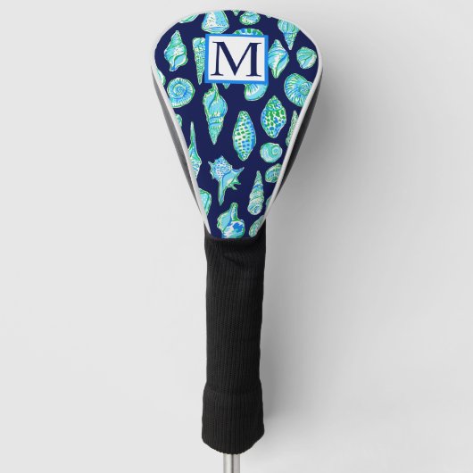 Preppy Coastal Sea Shells op Navy Blue Monogram Golfheadcover (Voorkant)