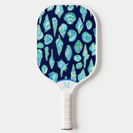 Preppy Coastal Sea Shells op Navy Seaside Monogram Pickleball Paddle (Voorkant)
