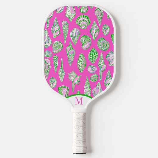 Preppy Coastal Sea Shells op Roze Seaside Monogram Pickleball Paddle (Voorkant)