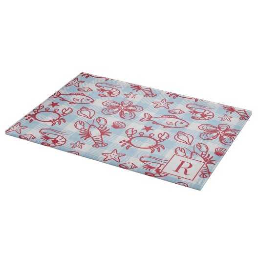 Preppy Coastal Seafood Gingham Kitchen Decor Snijplank (Hoek)