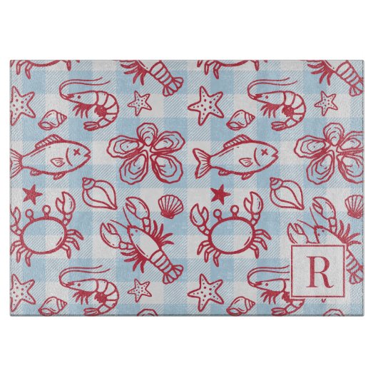 Preppy Coastal Seafood Gingham Kitchen Decor Snijplank (Voorkant)