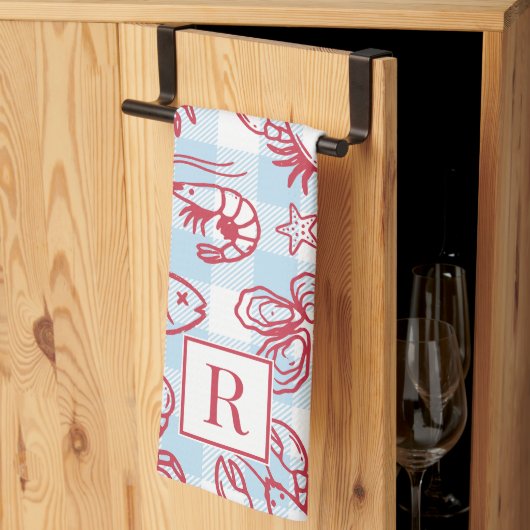 Preppy Coastal Seafood Gingham Kitchen Decor Theedoek (Derde Gevouwen)