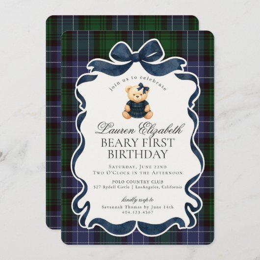 Preppy Coquette Bow Bear Beary First Birthday Kaart (Voorkant / Achterkant)