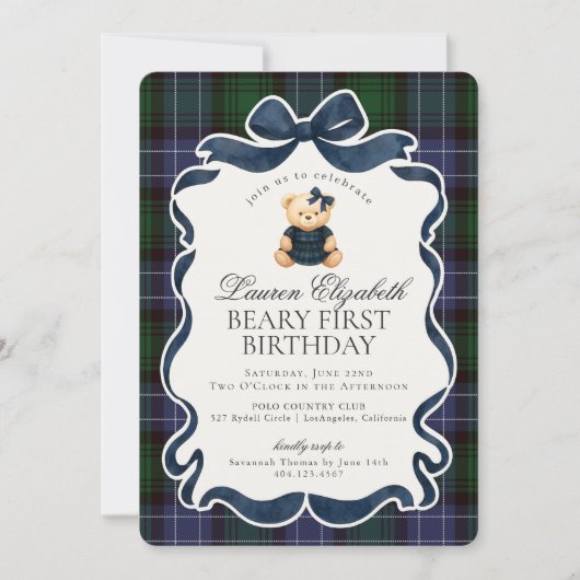 Preppy Coquette Bow Bear Beary First Birthday Kaart (Voorkant)