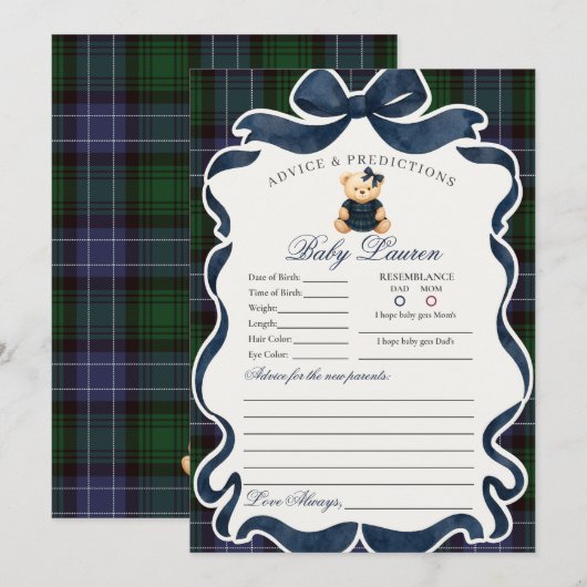 Preppy Coquette Bow Bear Girl Advice for Baby Card Kaart (Voorkant / Achterkant)