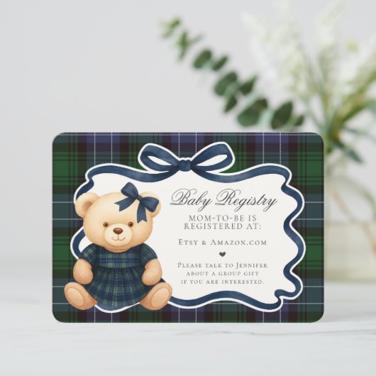 Preppy Coquette Bow Bear Plaid Baby Registry Card Informatiekaartje (Staand voorkant)