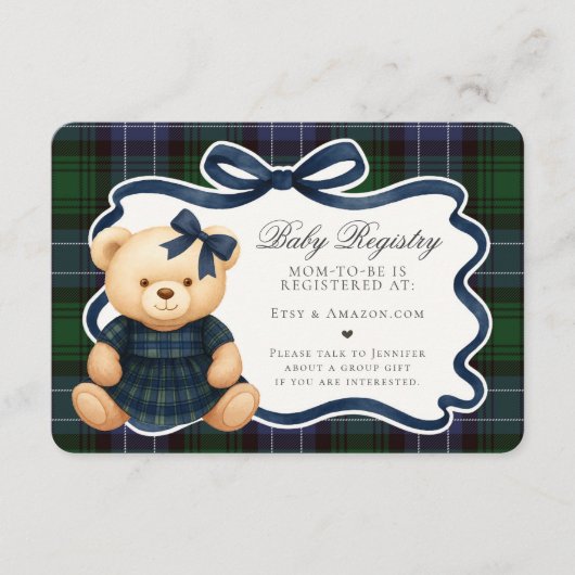 Preppy Coquette Bow Bear Plaid Baby Registry Card Informatiekaartje (Voorkant)
