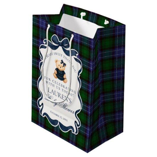 Preppy Coquette Bow Bear Plaid Baby Shower Favors Medium Cadeauzakje (Achterkant Gekanteld)