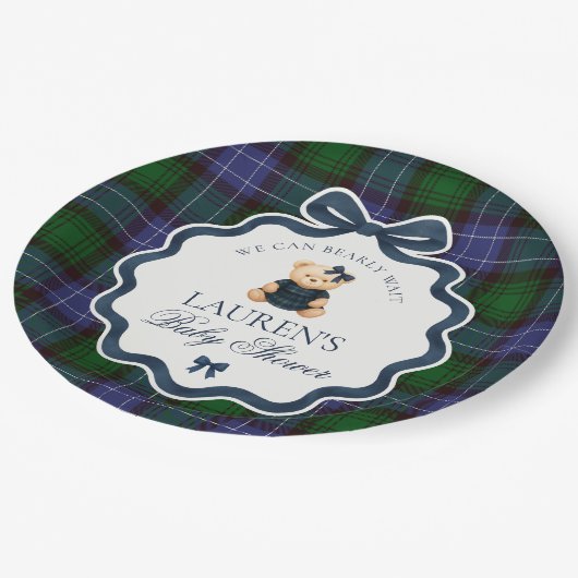 Preppy Coquette Bow Bear Plaid Baby Shower Papieren Bordje (Gekanteld)